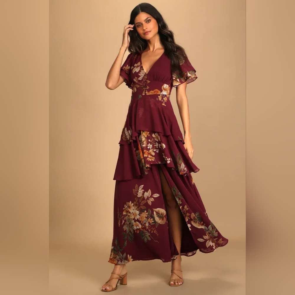 Lulus Midnight Mood Burgundy Floral Print Tiered Maxi Dress XL